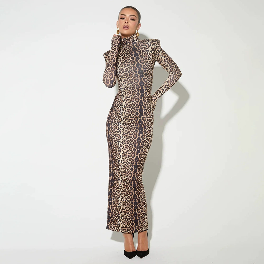 ZARA Sexy Leopard Print Half Turtleneck Slim Long Dress